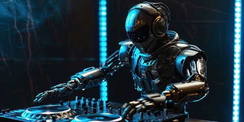 Fototapeta premium Robot DJ playing turntables to rock the party with music