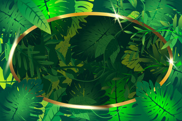 oval gold frame decorated with vector tropical leaves