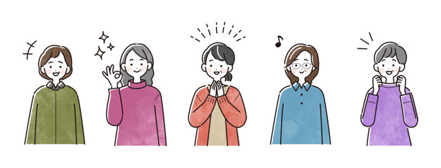 喜んでいる高齢女性のイラストセット