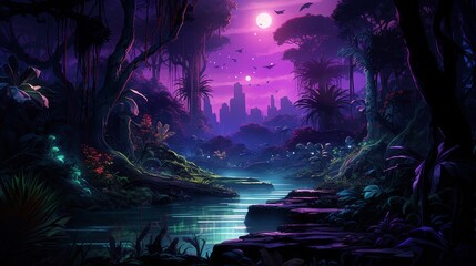 Vivid purple neon outline in a lush jungle oasis at night - obrazy, fototapety, plakaty