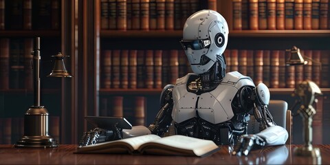 AI legal concept with robot lawyer in court - obrazy, fototapety, plakaty