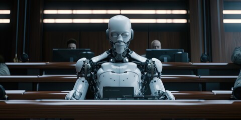 AI legal concept with robot lawyer in court - obrazy, fototapety, plakaty