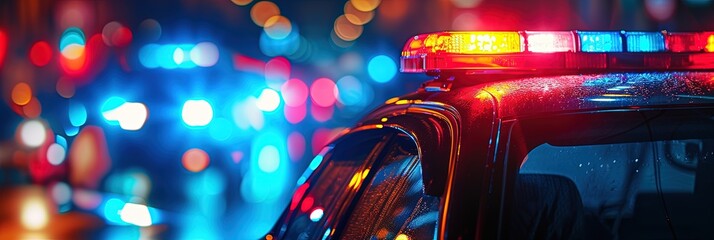 Closeup photo of police lights  shining red and blue during patrol - obrazy, fototapety, plakaty