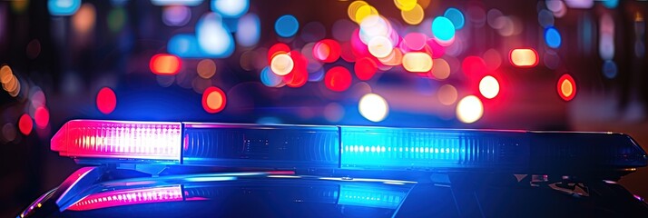 Closeup photo of police lights  shining red and blue during patrol - obrazy, fototapety, plakaty