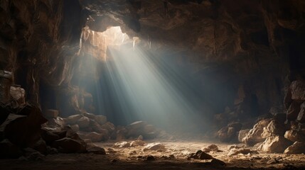 Majestic mountain cave with a beam of light piercing the cool, misty air