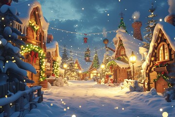 Oil painting of a Christmas village in the winter snow