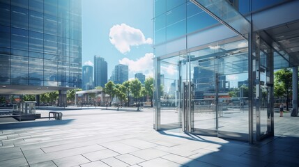 Bright day at a secure entrance to a contemporary urban complex - obrazy, fototapety, plakaty