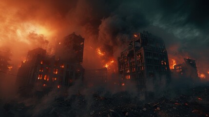 Apocalypse concept with burning city and desolate ashes among fires - obrazy, fototapety, plakaty