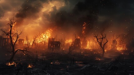 Apocalypse concept with burning city and desolate ashes among fires