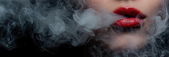 Closeup photograph of woman's lips blowing smoke - obrazy, fototapety, plakaty