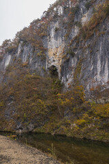Fototapeta na wymiar 日本　岩手県一関市を流れる砂鉄川沿いの渓谷、猊鼻渓の石灰岩の岩壁と紅葉