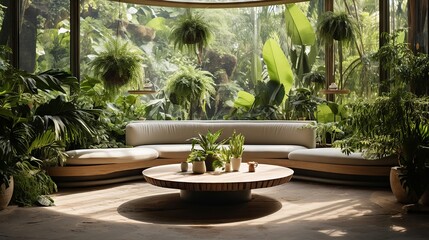 Tranquil indoor oasis, with verdant plants surrounding a sleek circular table