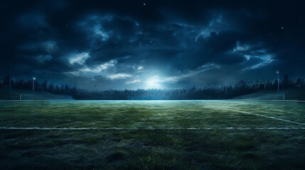 Nighttime football field basking in the glow of high beam lights - obrazy, fototapety, plakaty