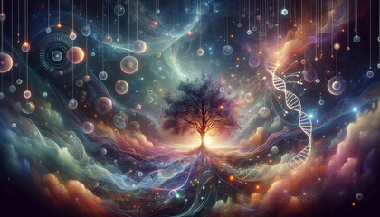 Surreal Phylogenetic Tree: Organic and Digital Fusion in Dreamlike Landscape