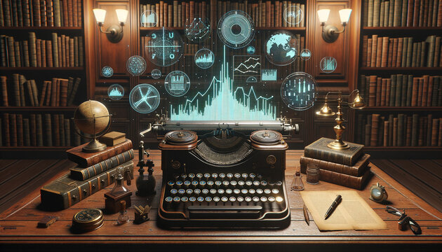 Vintage-inspired data analysis with holographic visuals on antique desk in library.