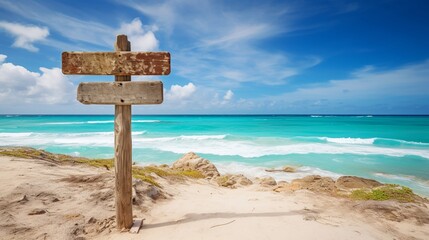 Weathered beach sign against turquoise sea