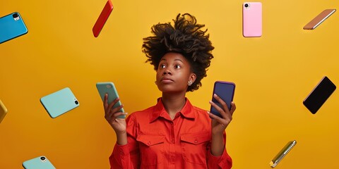 Juggling smartphones in our hyper connected society. Colorful background for marketing and  ad copy - obrazy, fototapety, plakaty