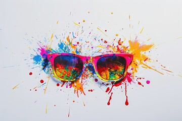 Sunglasses splattered with colors on solid white  background