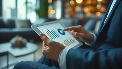 Businessman using a tablet in hand with analyzing financial statistics displayed on the tablet screen