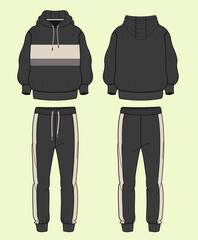 Men's Terry Fleece Athleisure Hoodie Jogger Suit Fashion Flat Sketch – Black and White Outline, Front and Back View Template Mock-up