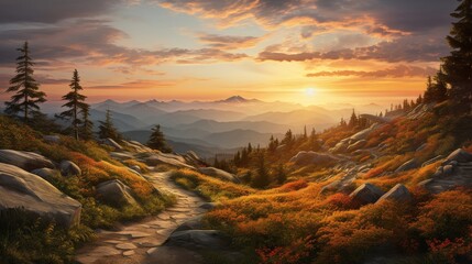 Golden sunset over a serene mountain trail, a journey into nature