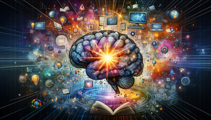 Dynamic e-learning concept: 2D and 3D elements in motion around a digital brain.