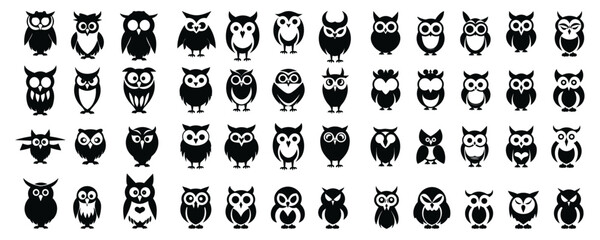 collection set cute owl bird symbol. Animal cartoon mascot. Wildlife. Owl vector sign. Owl icon.  Owl silhouettes vector illustration Set isolated on white background. vector illustration