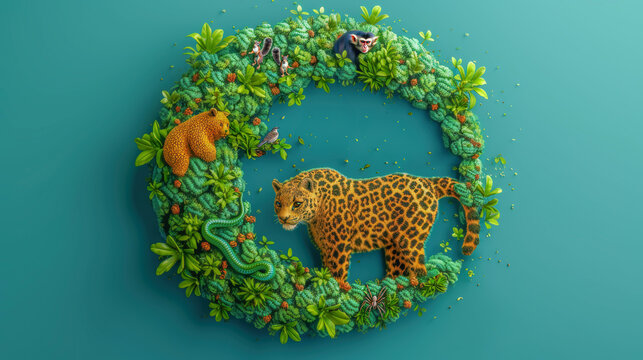 Circle of Life - Planet Ecosystem concept Design Illustration - Fauna and Flora together living in harmony - Jaguar, Snake, Bear, Monkey, Squirrels