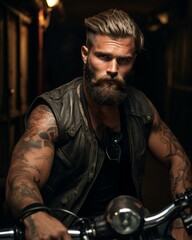 Sexy bearded and tattooed biker