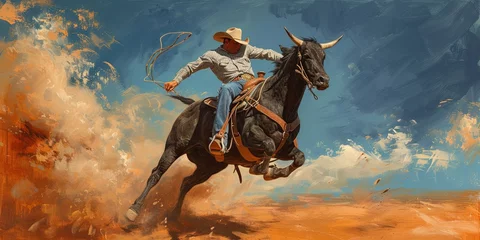 Gordijnen Rodeo concept with cowboy riding a bucking bull © Brian