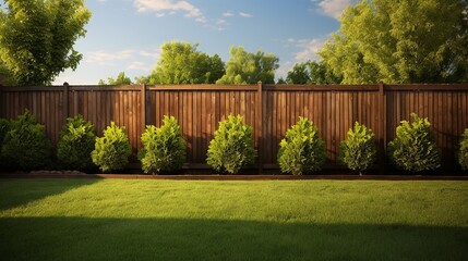 Wooden fence with lush greenery and trimmed grass