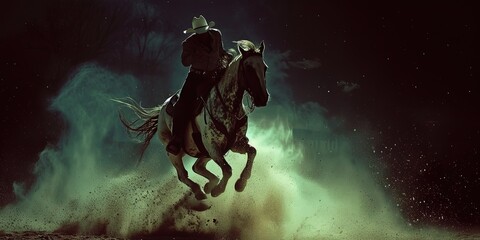 Rodeo concept with cowboy riding a bucking stallion - obrazy, fototapety, plakaty