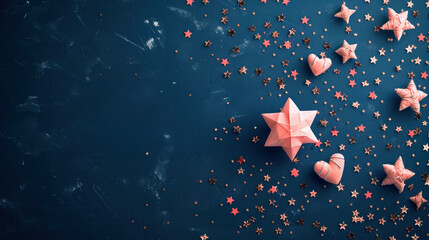 Dark blue template, room for quote and text, adorned with pink hart shapes and stars - Great design material for Special day cards, thank you notes, sale offers