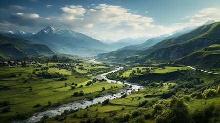 Verdant valleys with winding river, panoramic mountainous view