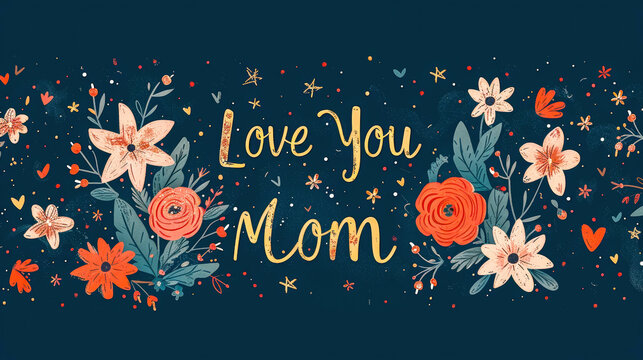 Love you Mom - Text concept design for Mother's Day cards featuring dark blue background with flower motifs and stardust - Minimalist Illustration style