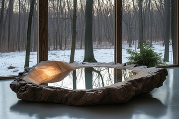 An innovative mirror crafted with calm water in a wooden frame, set in a modern interior overlooking a winter forest