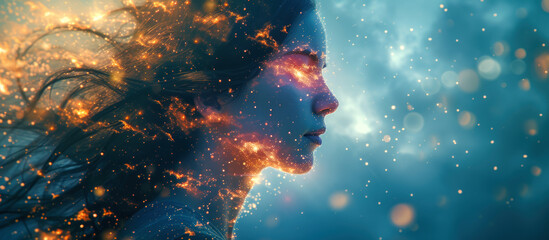 Depiction of a fantasy novel Goddess made out of stardust - Hyperdetailed close up epic cinematic shots for novels, book covers, and fairy stories - obrazy, fototapety, plakaty