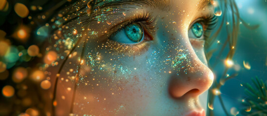 hyperdetailed close up face shots of a beautiful girl covered in shiny sparkling particles of stardust - fantasy novel book cover concept about fairies and goddesses