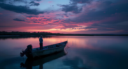 a fisherman docks his boat in a waterway at sunset