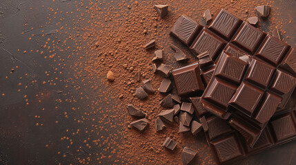 Cocoa powder spread over the dark backdrop with broken pieces of chocolate bars - Fondente background for gelaterias, sweets shops, packaging, menus, blogs and web pages - obrazy, fototapety, plakaty