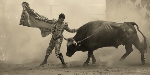 El Matador standing with a male bull ready for the bull fight - obrazy, fototapety, plakaty