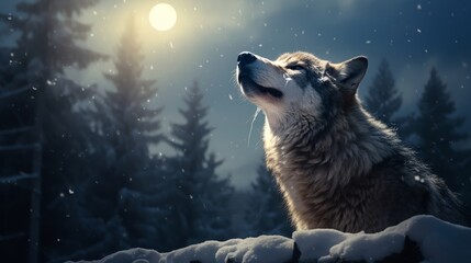 Mystical alpha wolf singing to the moon, in a snow-dusted, twilight setting