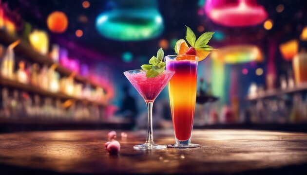 Two colorful cocktails garnished with mint leaves, set against a backdrop of bokeh lights.