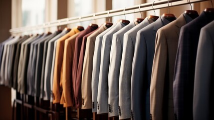 Selection of tailored suits on hangers in a boutique