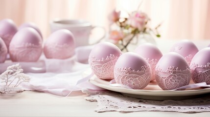 Fototapeta na wymiar Delicate easter setup, eggs with patterns on a gentle pink canvas
