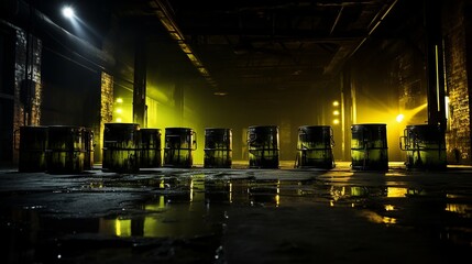 Glowing toxic waste drums in a dimly lit, brick-lined storage - obrazy, fototapety, plakaty