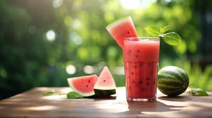 Cool watermelon smoothie in a clear glass - obrazy, fototapety, plakaty