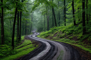 Fototapeta na wymiar A lonely dirt road through the dark forest in the mist, generative ai