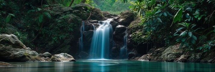 Exotic tropical waterfall landscape with flowing water - obrazy, fototapety, plakaty