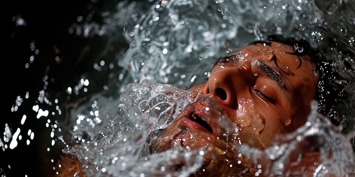 Upset man with his head in the water, waterboarding